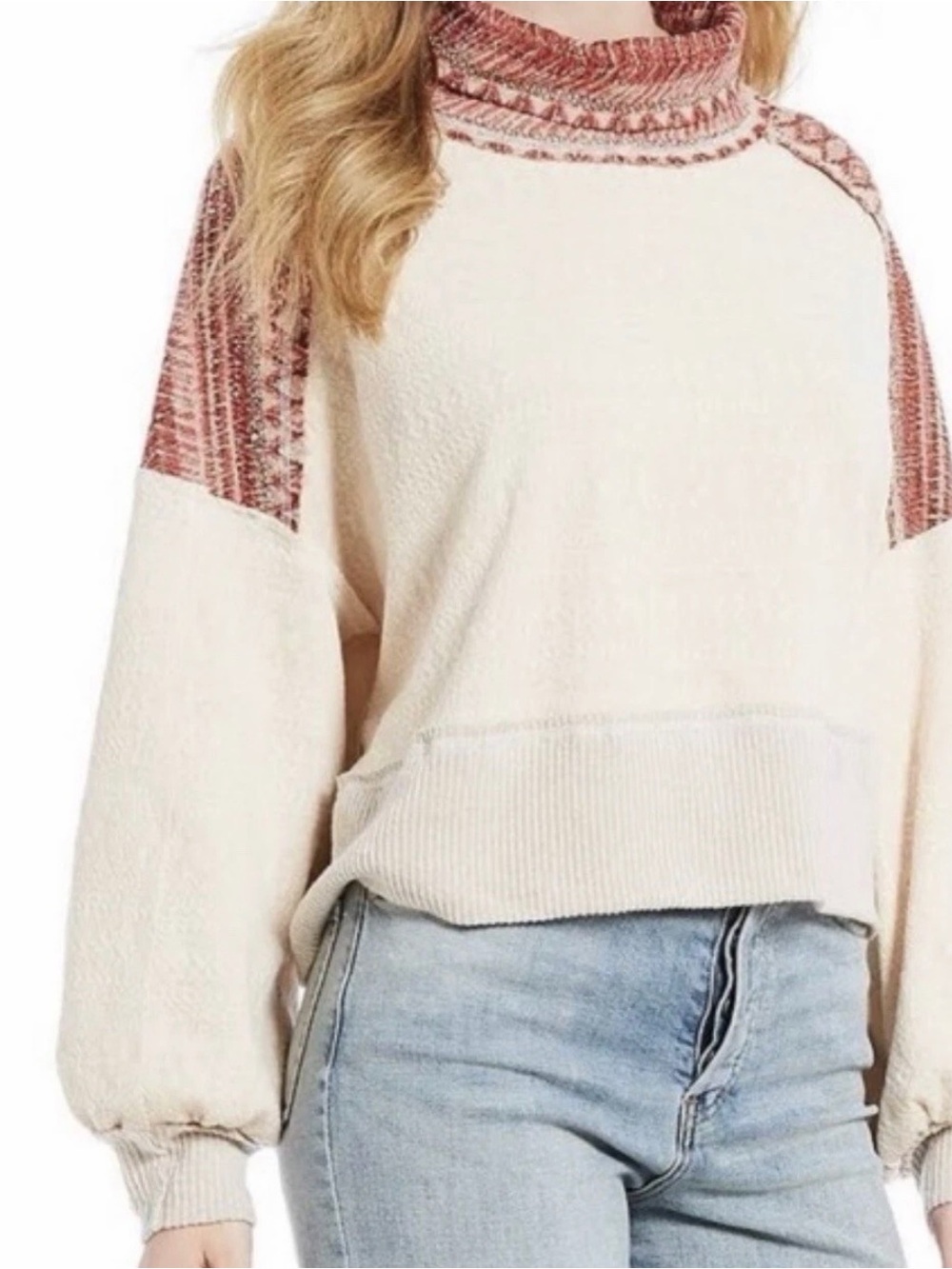 Free People We The Free Cream Red Patterned Cowl Neck Pullover Size L